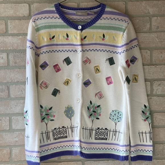 Vintage 90s Nordstrom Spring Garden Seed Embroidered Cardigan Sweater - Picture 4 of 9